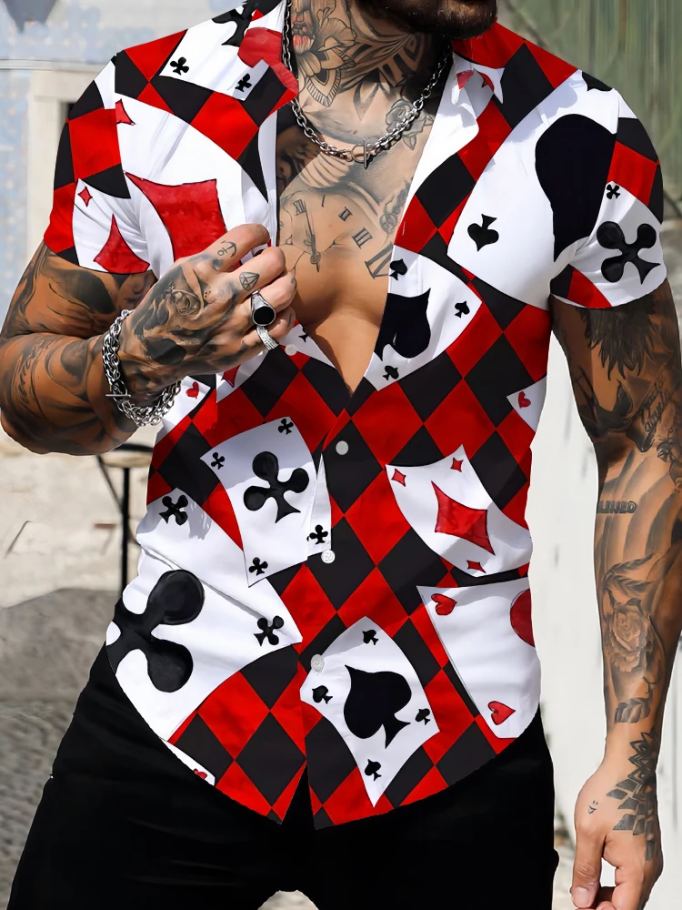 

Poker fashion 3D digital printing shirt street hip -hop loose casual shirt summer cool and breathable men's short -sleeved shirt