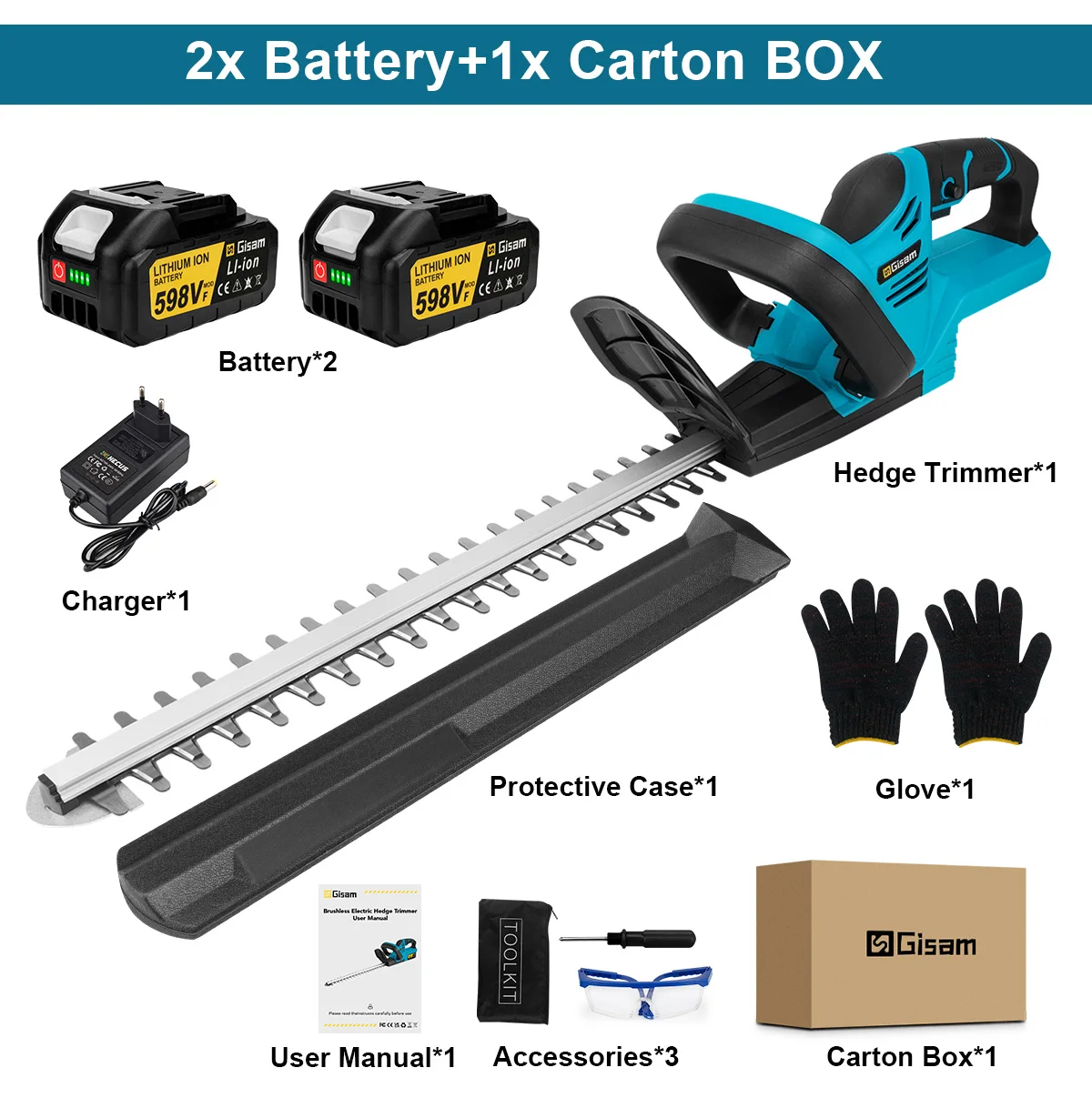 Gisam 2000W Brushless Electric Hedge Trimmer Cordl...