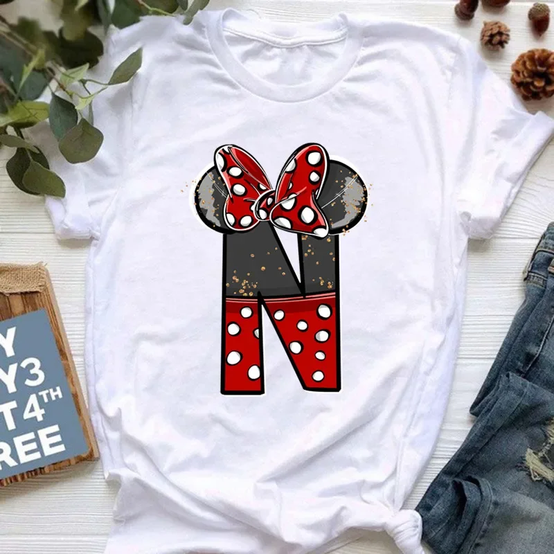 thumbnail image 1 of Ropa de verano de manga corta de Disney para niños, camisetas de algodón con estampado de letras de Minnie Mouse, camisetas de la AZ para niños, camisetas Y2k para niños y niñas, 1 of 5