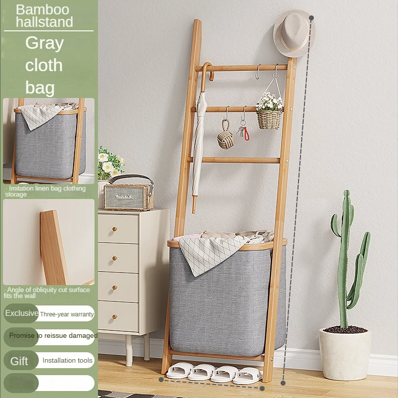 

Bathroom Toilet Shelf, Solid Wood Thickened Coat Rack, Modern Simple Household Trapezoid Against Wall for Dirty Clothes