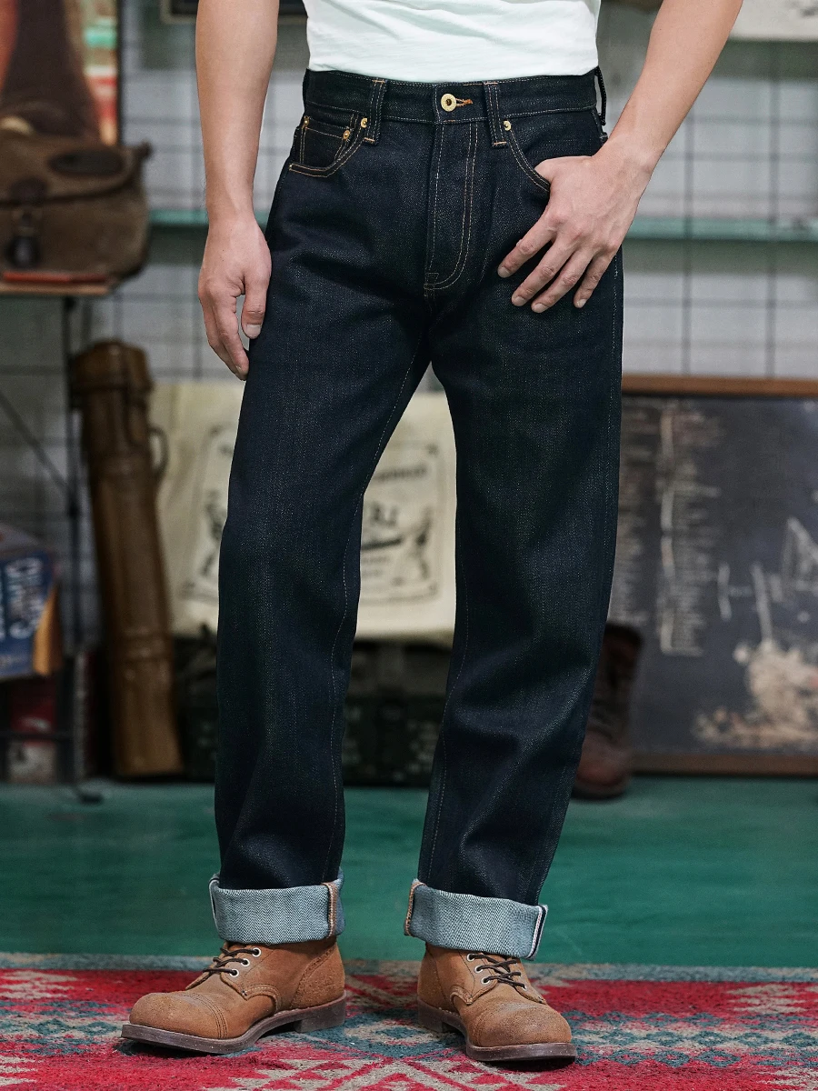 Men's Jeans Middle Waist 23OZ Thick Selvedged Denim Bukleback Straight Amekaji Cowboy Motorcycle Cargo Pants 3