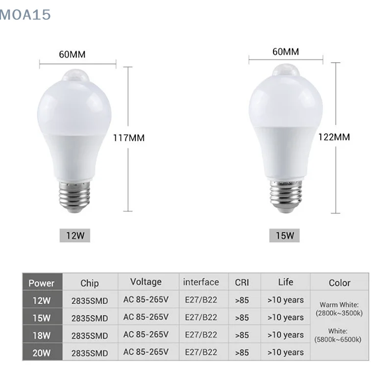 E27 PIR 모션 센서 LED 전구, 스마트 전구, 모션 활성화 램프, 자동 ON/OFF, 가정용 적외선 방사 램프, 12W, 15W, 18 W, 20W
