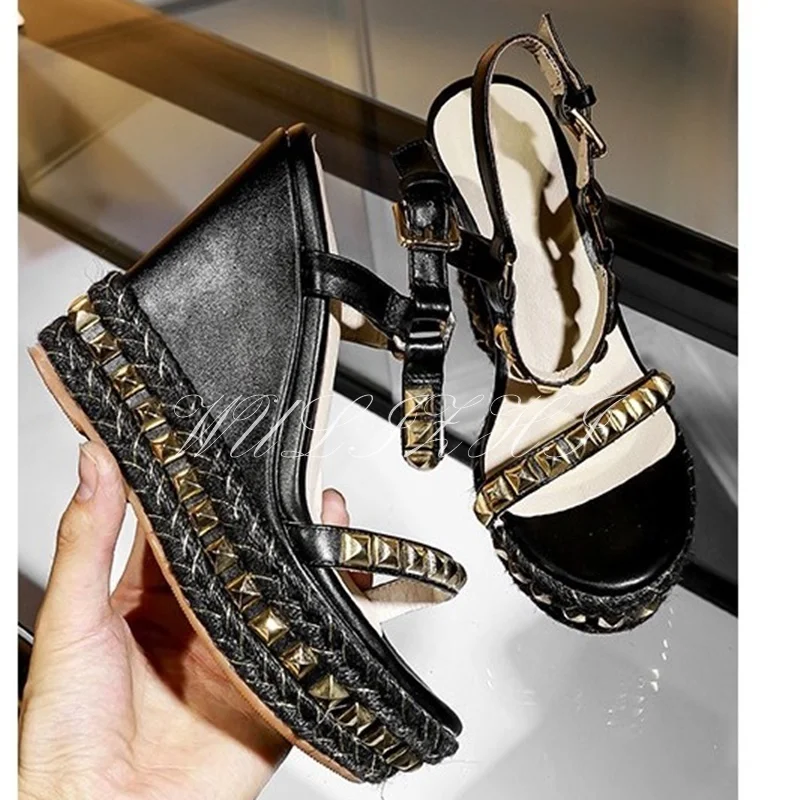 Platform Gold Stud Bead Wedge Leather String Bead Sandals Women Open Round Toe Slingback Buckle Heel Glossy Bordered Casual Shoe