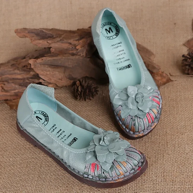 

Plus Size 41 42 womens genuine leather shoes ladies retro flower ballet flats ethnic oxford loafers female soft moccasins