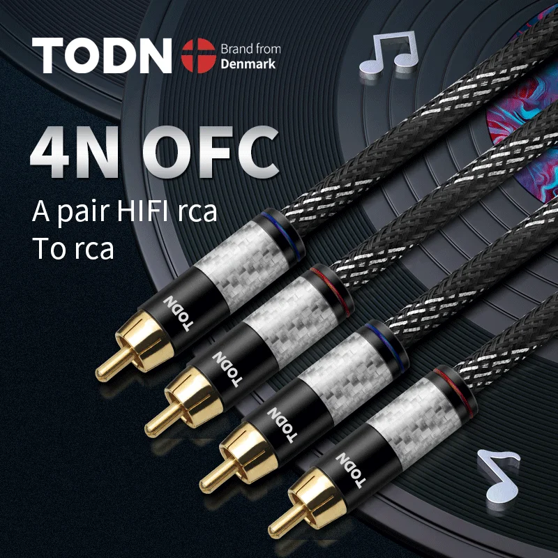 Todn 1 pair RCA audio cable 2 RCA to 2 RCA Interconnect Cable HIFI Stereo 4N OFC Male to Male For Amplifier DAC TV