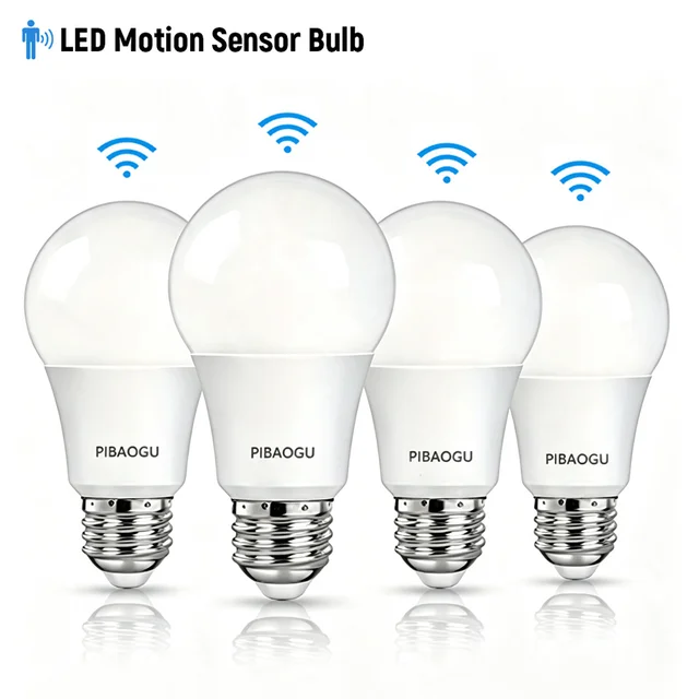 4PCS Radar Motion Sensor LED Light Bulb E26 110V Dusk‑to‑Dawn Auto On Off 6W 9W 12W 15W 18W 20W Smart Sensor Lamp for Porch Courtyard Basement Garage Stairway 1
