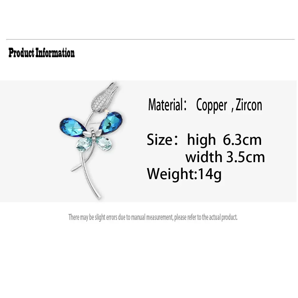 Luxurious Crystal Tulip Brooch Pin for Women Elegant Blue Butterfly Insect Corsage Clothes Decoration Jewelry Accessories