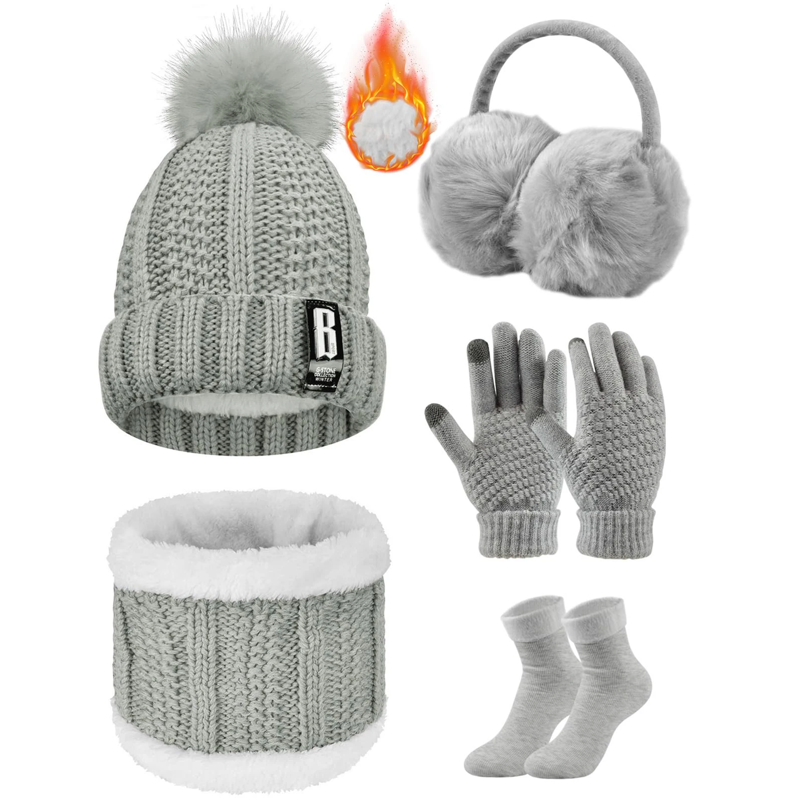 Knitted Hat and Scarf Set Touch Screen Gloves Gloves Winter Plush Earmuffs Thermal Socks 5pcs For Skiing Outdoor Sports