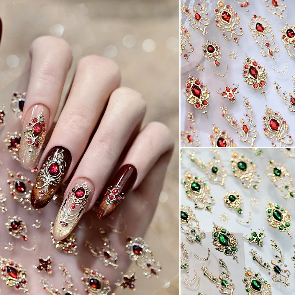 1개 레드 그린 레트로 바로크 왕관 네일 스티커 럭셔리 보석 크라운 목걸이 네일 데칼 셀프 접착 매니큐어 스티커 NK