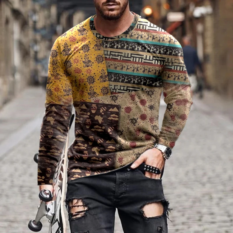 Vintage 3d Printed Long Sleeve Men's T-shirt Autumn New Style Personalized Street Casual Pullover Shirt Fashion Round Neck Shirt