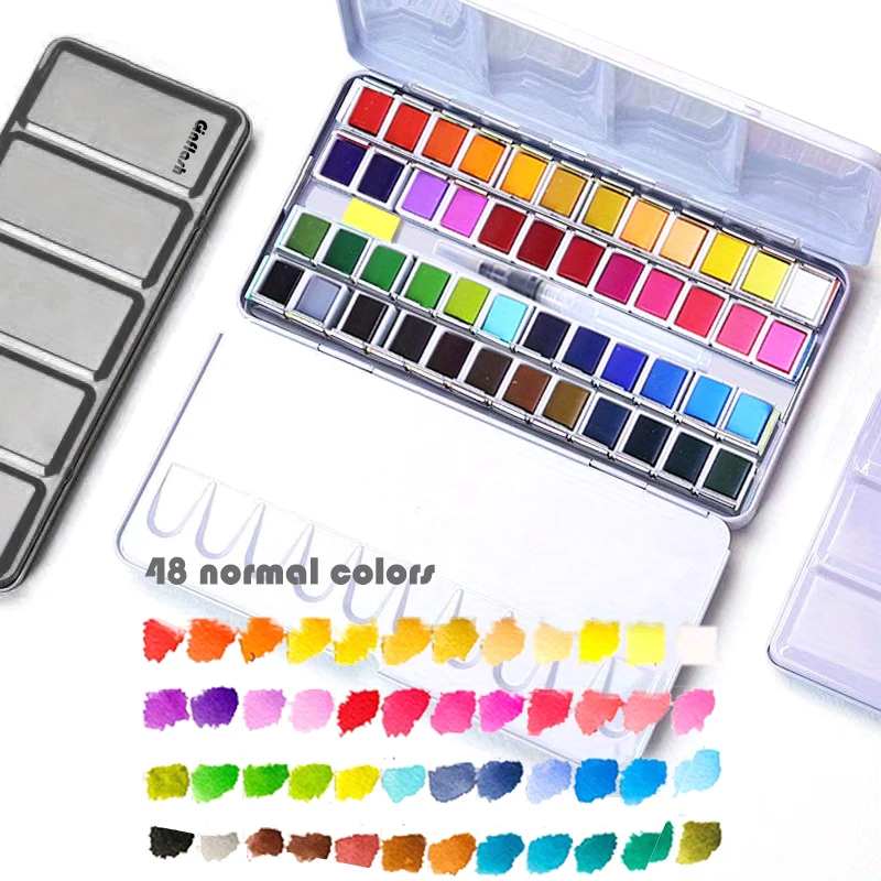 Ginflash 24/48colors Solid Pigment Watercolor Paints Set Water Color Portable Brush Pen Sponge Painting Art Supplies Half Pan