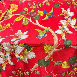 Elegant Floral and Bird Patterned Linen - Cotton Fabric for DIY Projects and Home Decor (Red)