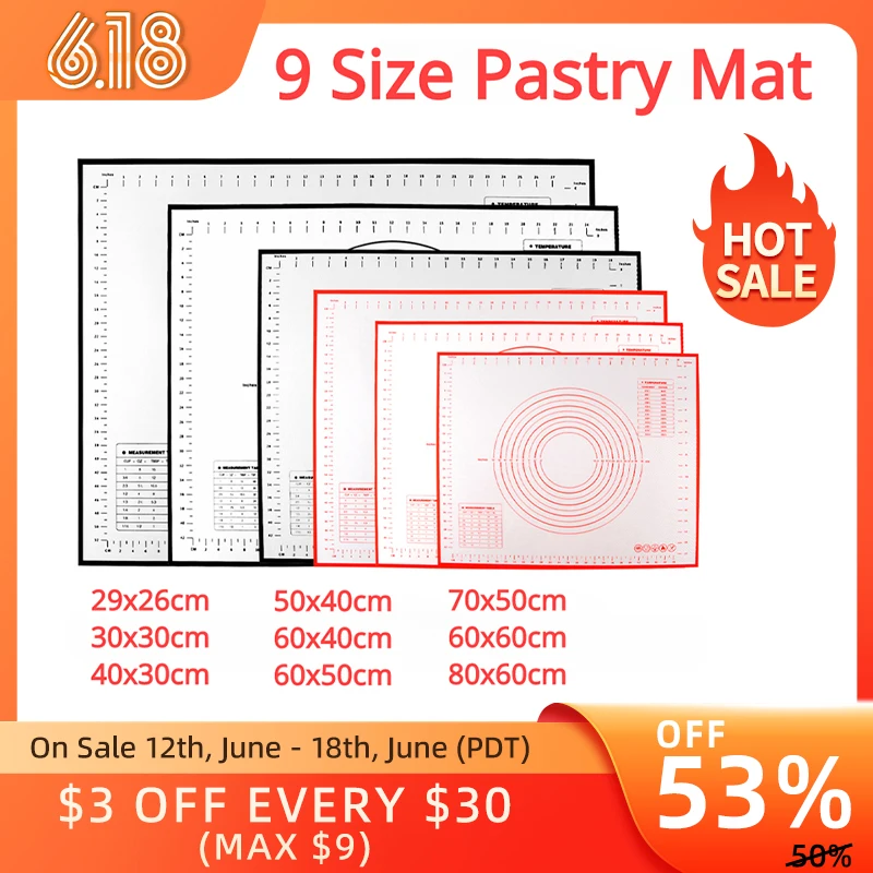 Oversize 80/70/60/30cm Silicone Baking Mat Rolling Kneading Pad Pastry