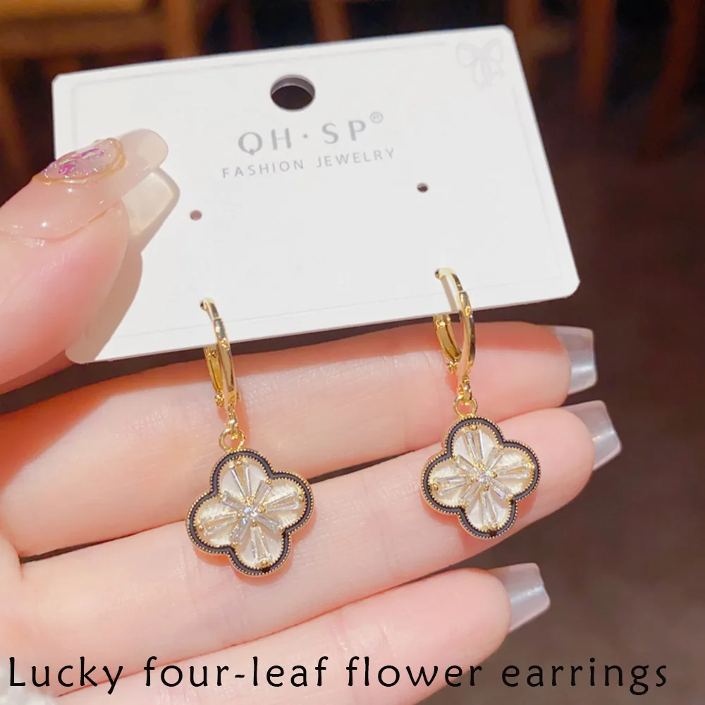 Elegant Fashion Exquisite Micro-inlaid Four-leaf Flower Ear Buckle Female Personality Niche Design Sense Earrings for Women