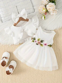 Alternative view of Chaleco de flores de cintura para bebé, chaqueta de vestido de malla, accesorios para el cabello, estilo de verano