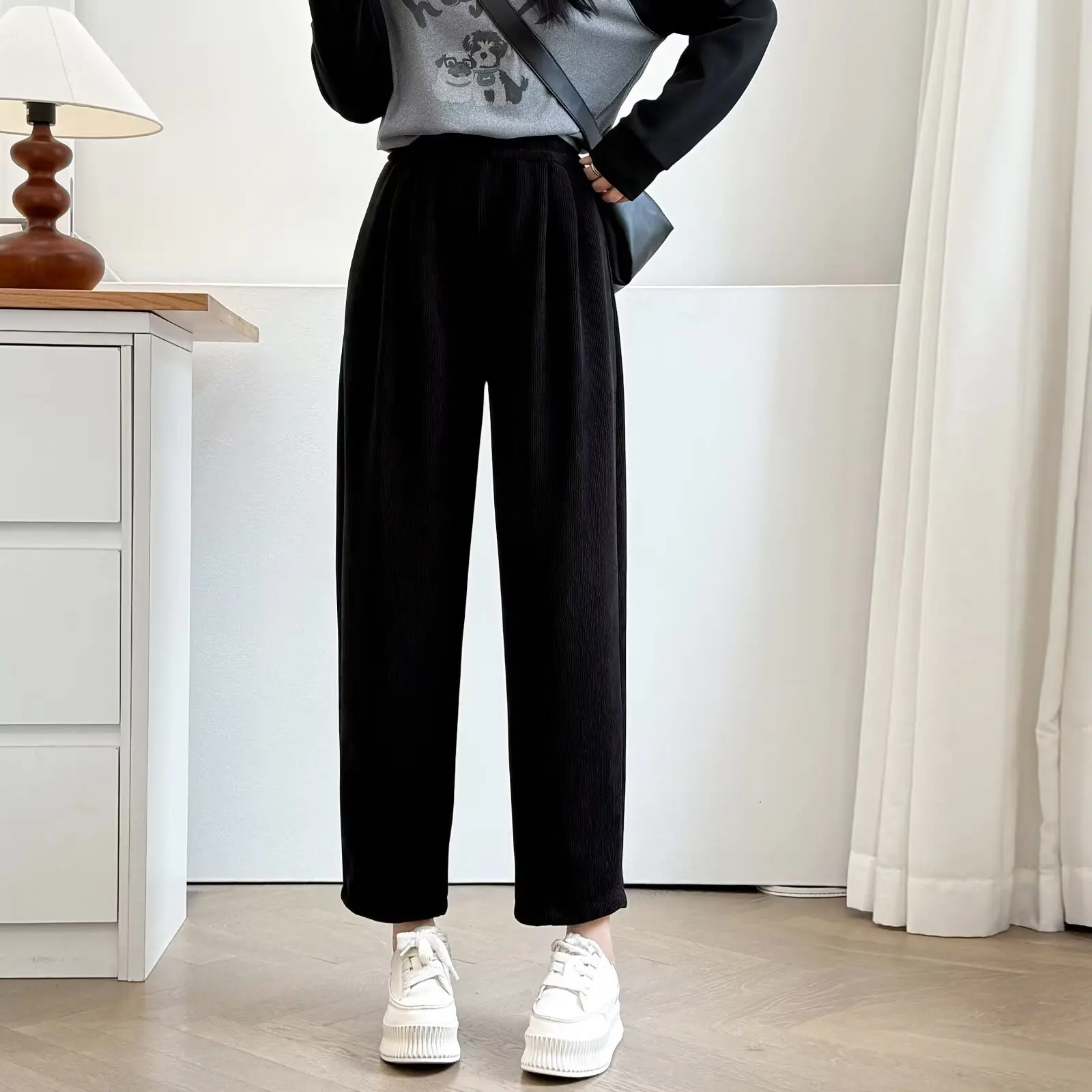 XXXXL Fashion Plus Size Women's Harem Pants For Autumn And Winter Casual Elastic Waist Fleece Ankle-Length Trousers 053