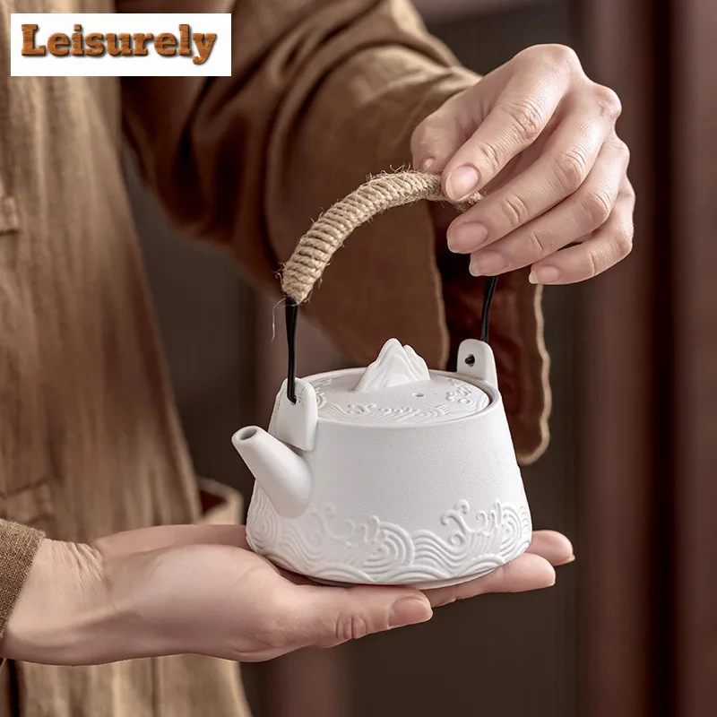 Retro Sea Wave Vine Weaving Lifting Handle Pot Tea Set Kit Traditional 1 Pot 2 Cups Tea Making Camping Stock Bags Teaset Craft