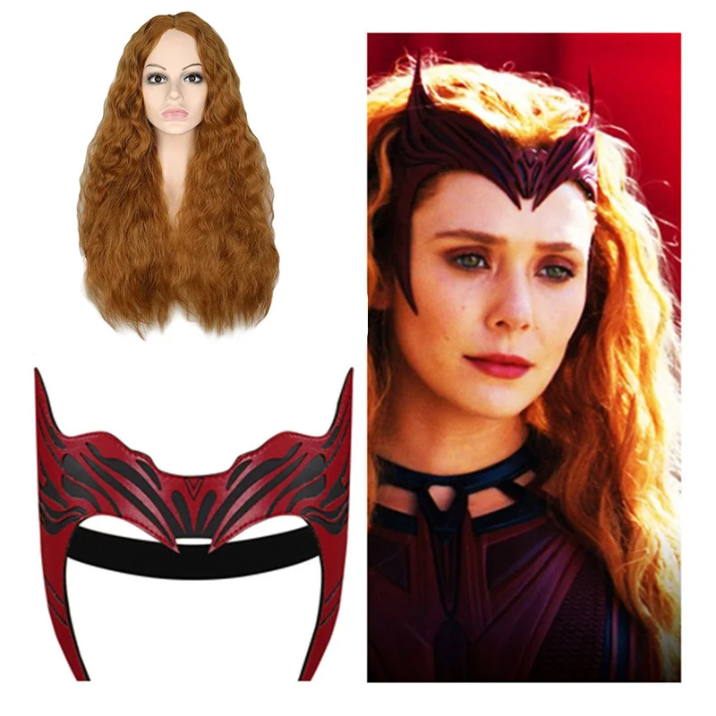 

Scarlet Witch Wig Wanda Maximoff Cosplay Long brown Wavy Cosplay Middle Parting Curly Heat Resistant Hair Wigs + Mask
