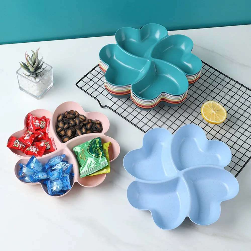 Wheat straw appetizer serving platter unbreakable 4-compartment food storage tray four leaf clover shape snacks serving wheat straw plates