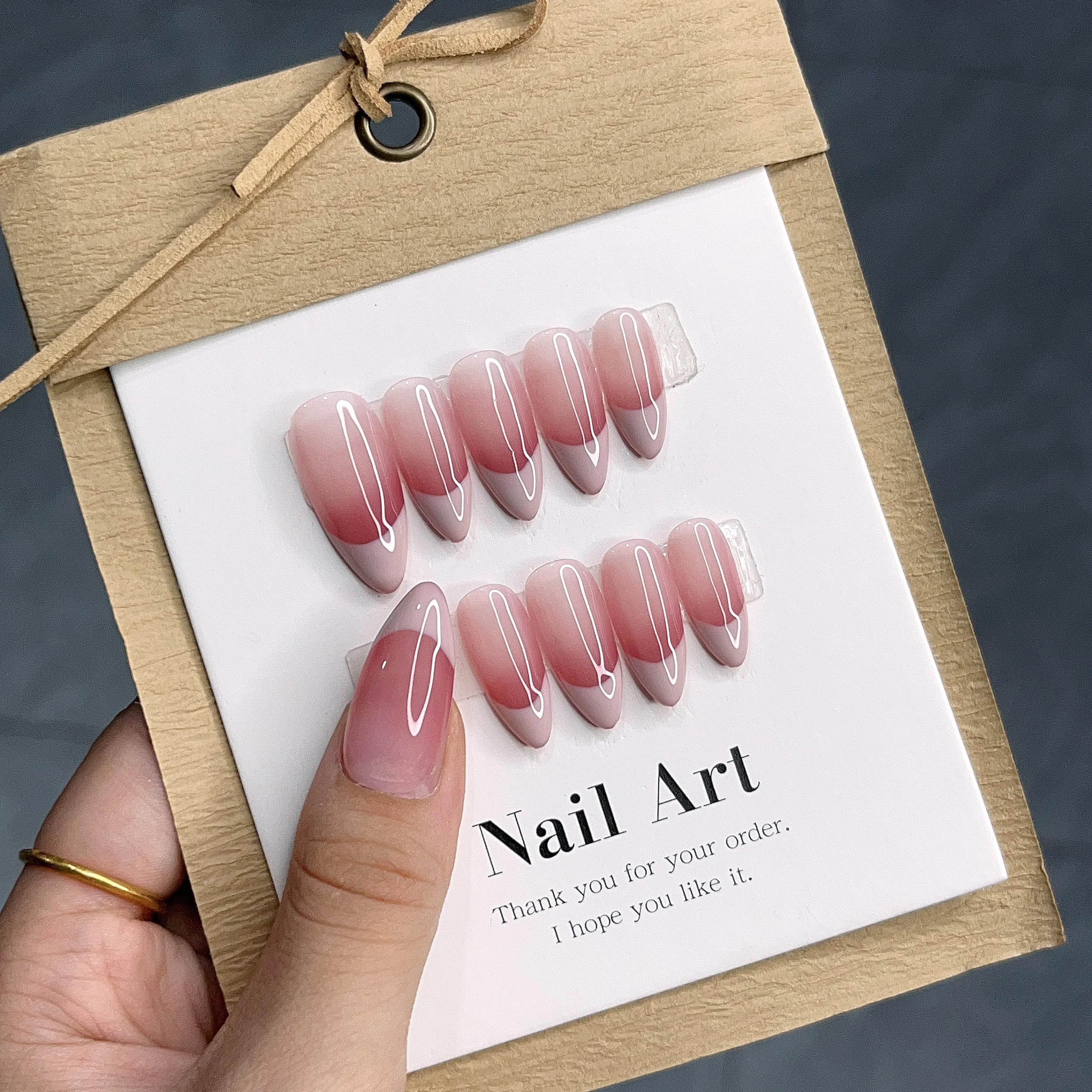 

French Almond Ombre Handmade Press On Nails Long Coffin Acrylic False Nail Tips In Emmabeauty Store.No.EM19434