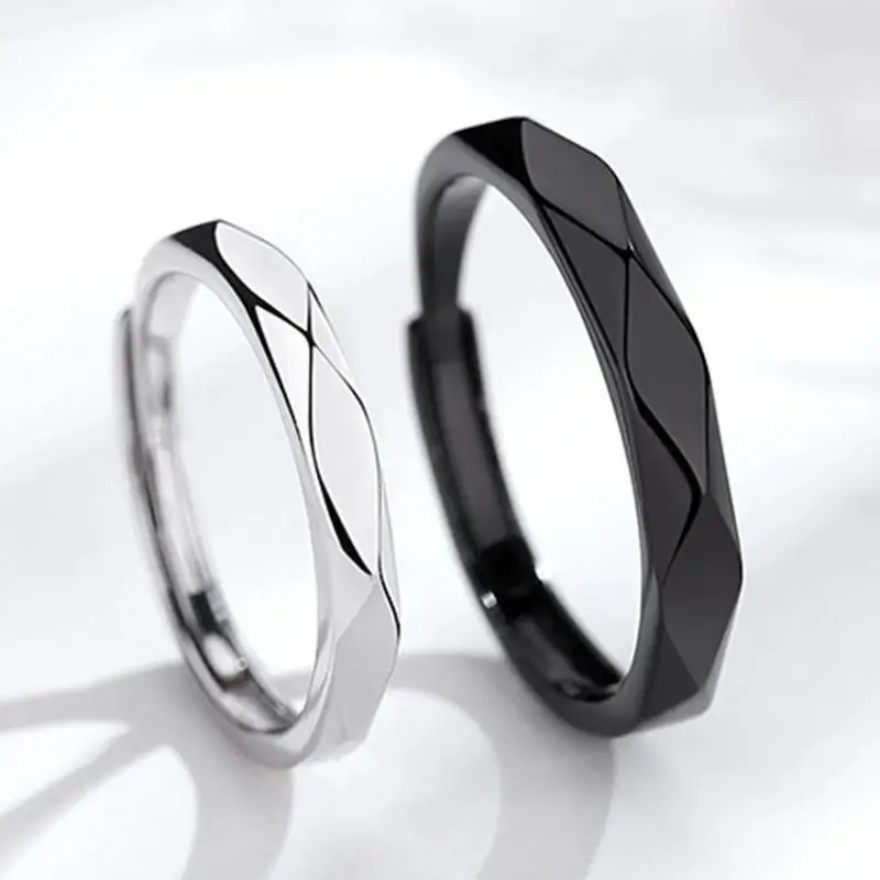 Sleek Geometric Black and White Adjustable Couple Rings