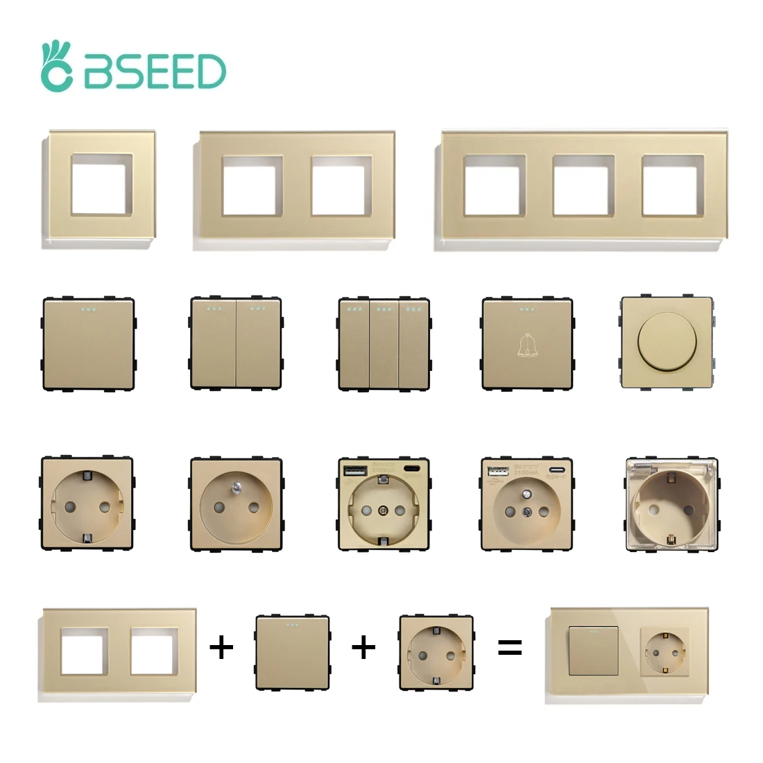 BSEED 1/2/3 Gang Mechanical Light Switches ฟังก์ชั่น EU/FR Type-c USB ปลั๊กซ็อกเก็ตแก้วคริสตัลกรอบฟรีผสม 1