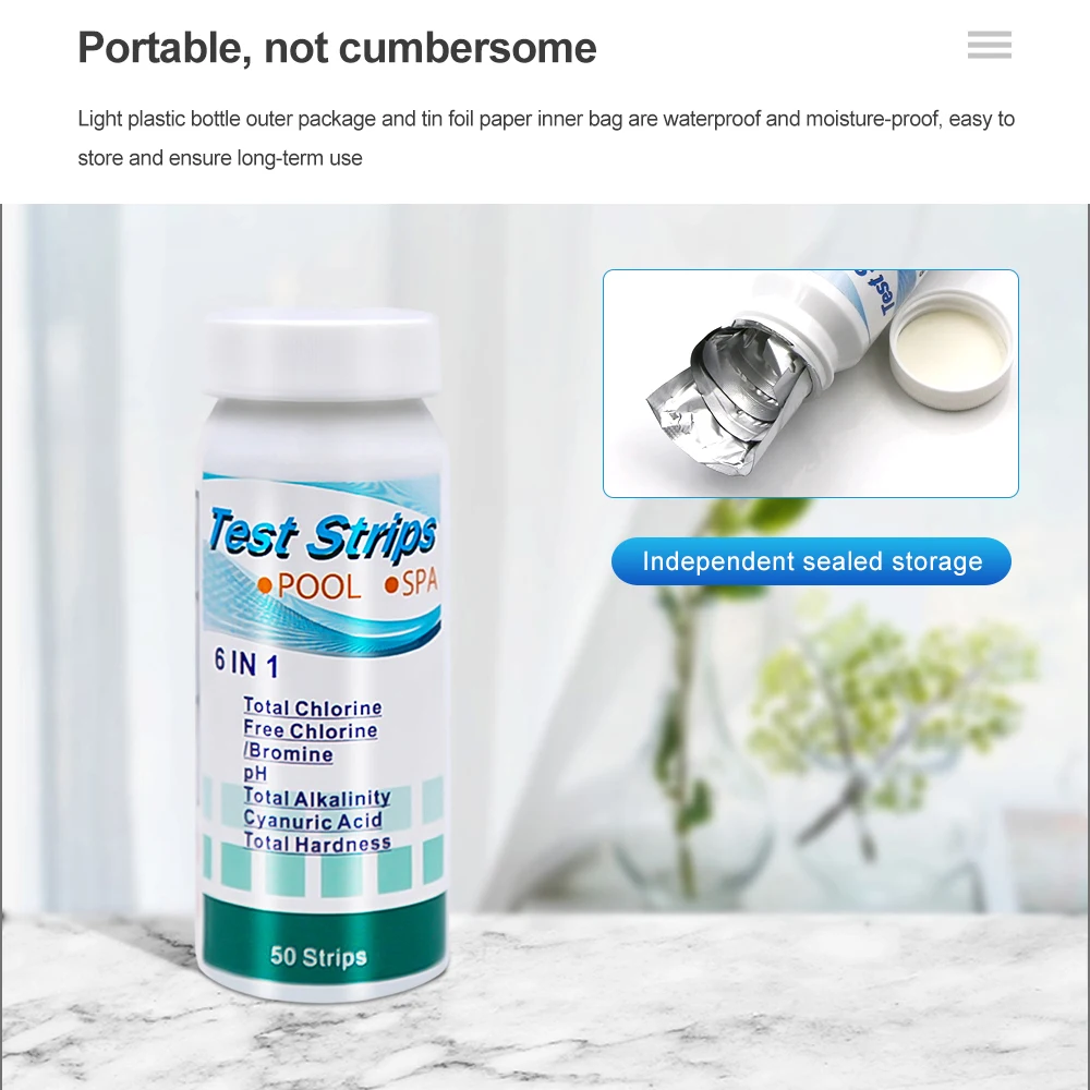 Description Picture 6 of item50 Pieces/Bottle 6 in 1 Total Bromine Chlorine Nitrite Detector Accessory pH Hardness Testers for Swimming Pool SPA Aquarium