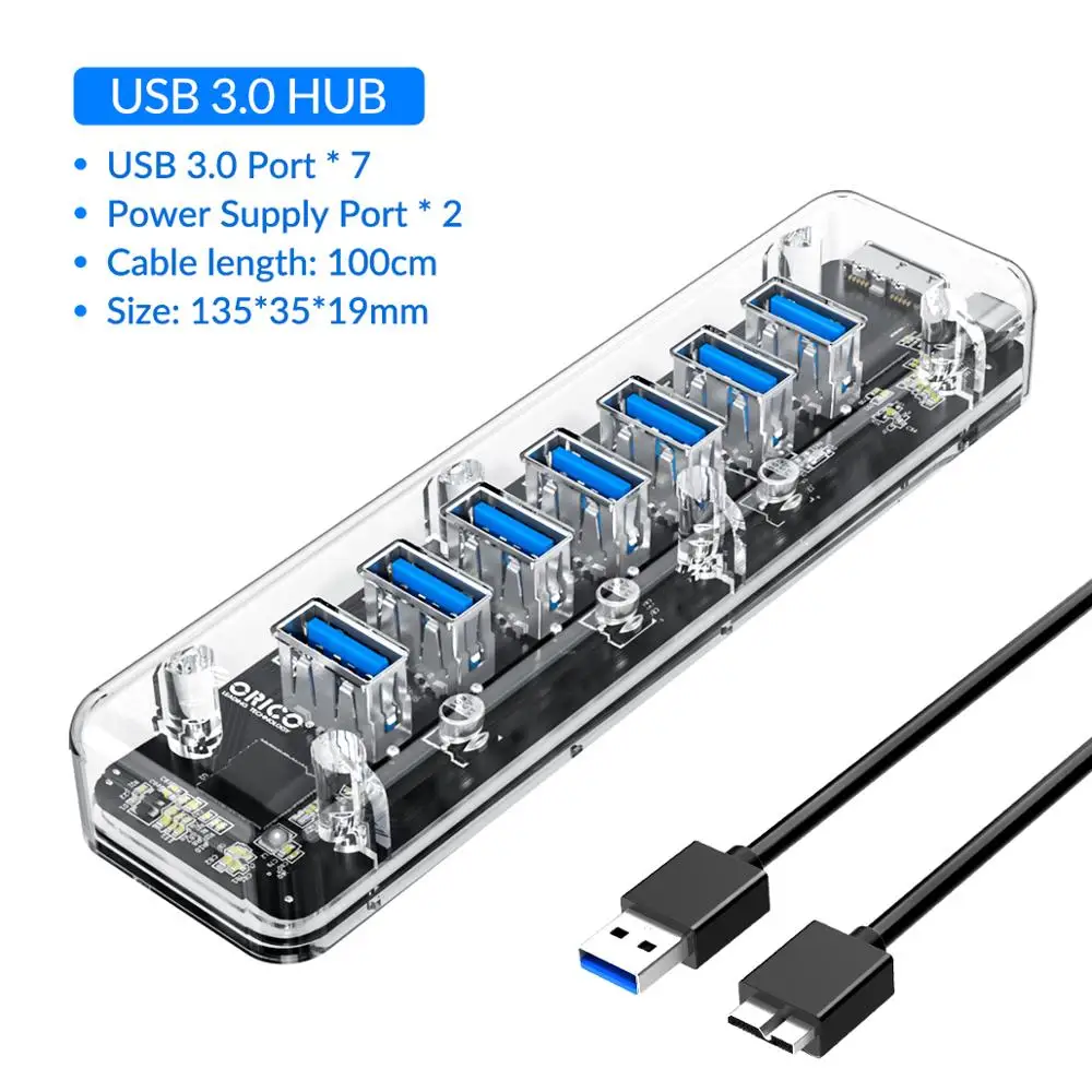 usb Orico USB C-hub 3.2 Gen 2 met 7 poorten, 4 C en 2 A, PD 60 W, 24 V/3 A voedingsadapter, aluminium splitter met 1 m kabel voor Macbook, MacBook Pro