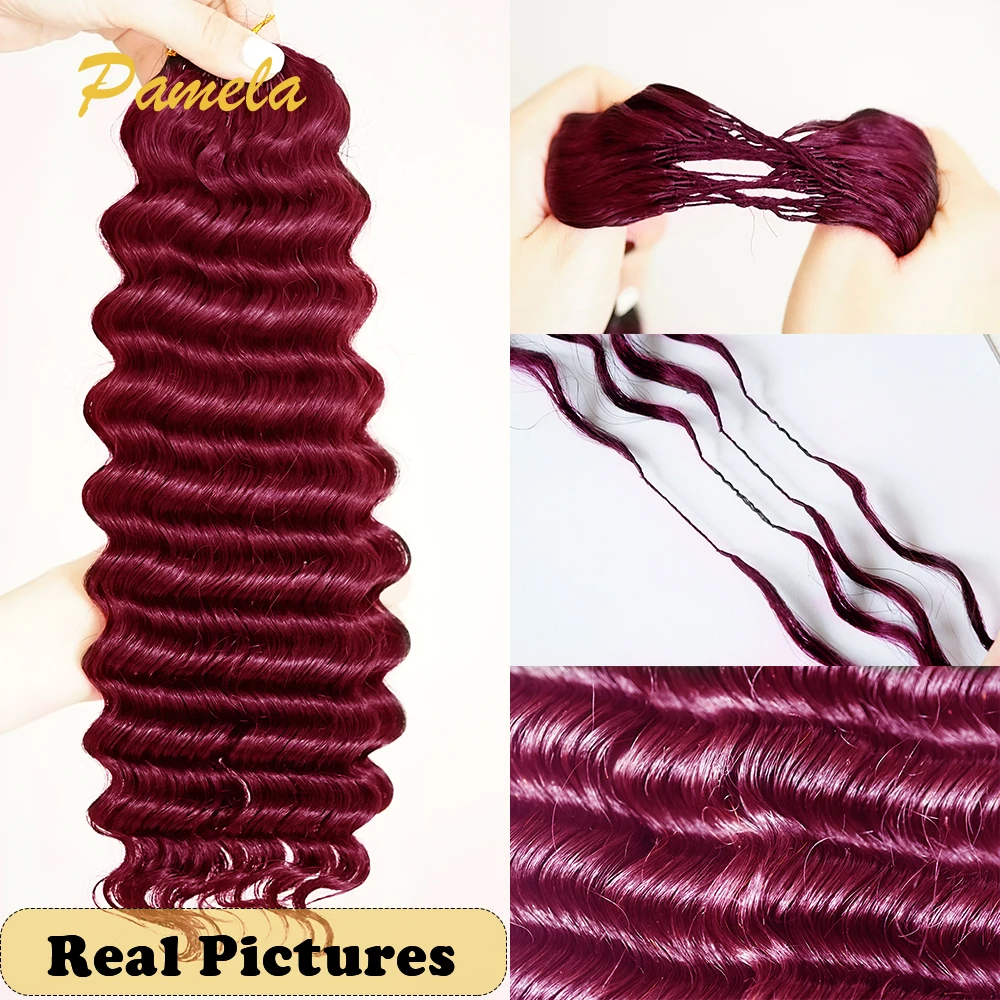 Burgundy Color Feather Crochet Human Hair Extensions Deep Wave 99j PreLooped PreSeparated Knotless Crochet Human Hair Extensions 3