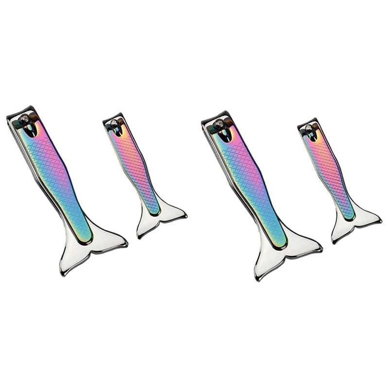 

4Pcs Non-Slip Household Portable Iron Plating Color Peptide Color Mermaid Nail Clippers(Large + Small)