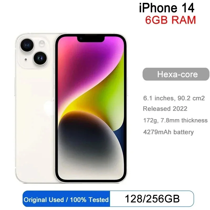 Apple-teléfono inteligente iPhone 14, smartphone con 6GB de RAM, 128GB /256GB de ROM, pantalla OLED de 6,1 pulgadas, identificación facial, NFC, A15, 5G