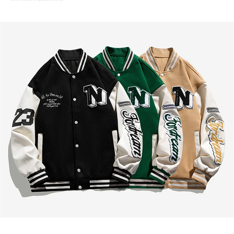 Men Varsity Baseball Bomber Jacket Hip Hop Harajuku Bone