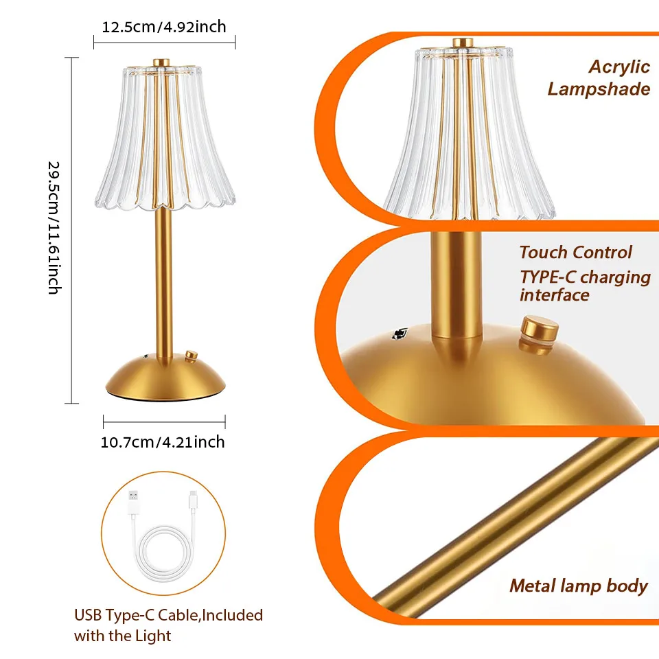 USB Rechargeable LED Table Lamps Touch Dimming Night Light 3 Color Cordless Atmosphere Bedroom Bedside Reading Lamps Decor Light