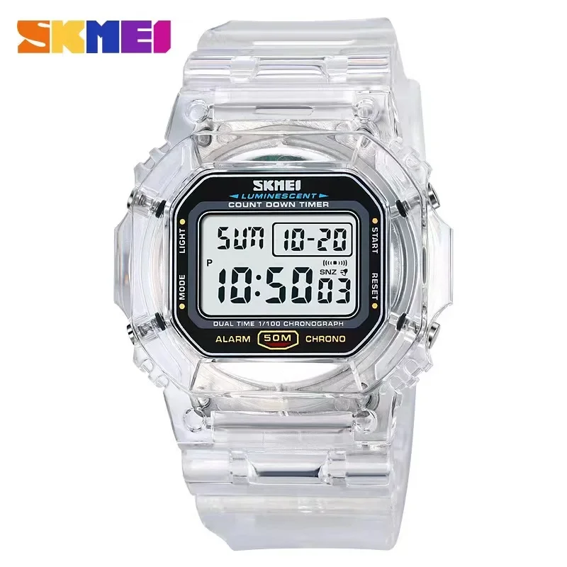 

SKMEI 1999 Lady Wristwatch Shockproof reloj mujer Multifunctional 2 Time Count Down Women Digital Watches Transparent PU Strap