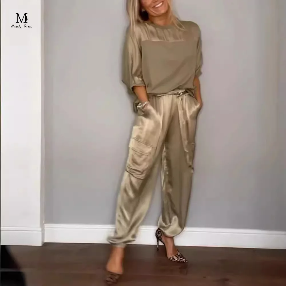 

S-5XL Elegant Women 2 Piece Matching Set Satin Half Sleeve Tops Wide Leg Pants Spring Summer Fashion Two Piece Outfits 2024