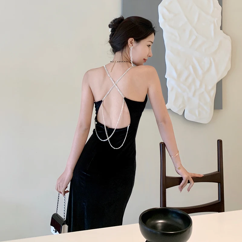 

French Sweet And Spicy Black Open Back Robes Strap Dress Women's Clothing Summer High Grade Vestidos Sexy High Slit Long Dresses