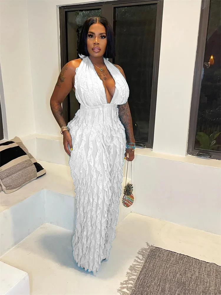 Wmster Jumpsuit Women Sexy Party Club Romper Ruffles Halter Backless Sleeveless Wide Leg Playsuit New Wholesale Dropshipping