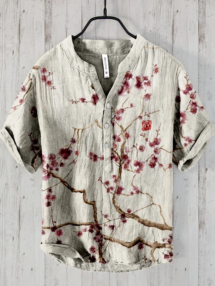 Vintage Clothes Cardigan Men Clothes Offer Casul Shirts Print Short Sleeve Henry Shirt Mens Clothing Summer Men's Tops
