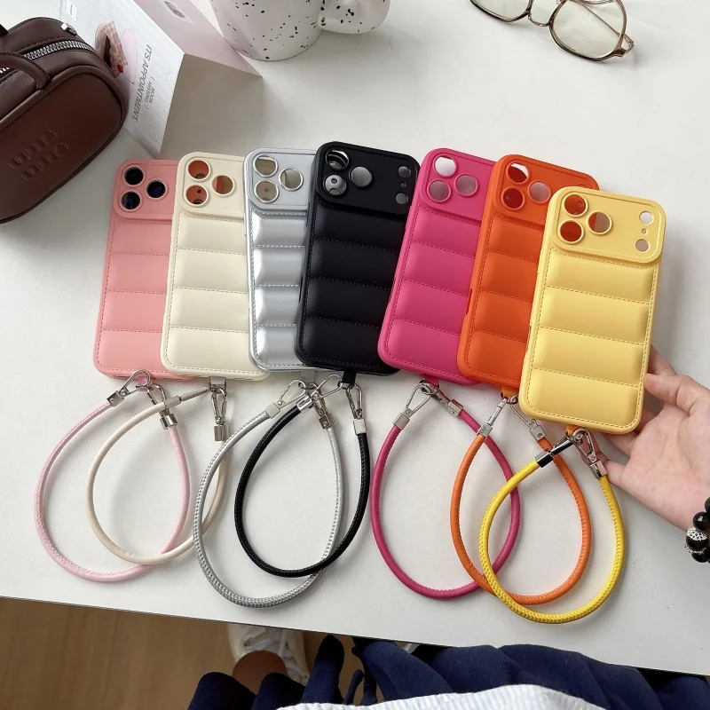 Luxury Wave Puffer Down Jacket Wrist Strap Phone Case - Solid Color Soft Cover