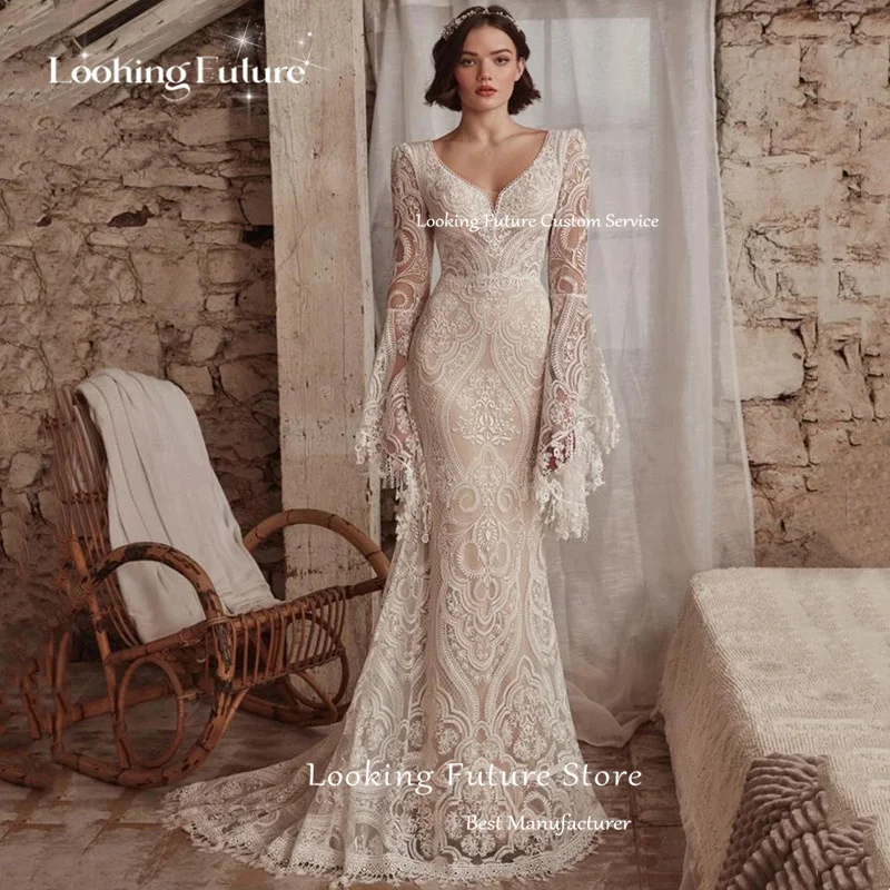 Boho Mermaid Wedding Dresses Long Sleeve Pleat Sexy Lace Illusion Bridal Gowns V-Neck Backless Zipper Sweep Train Vestidos 2024