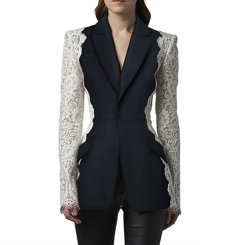 

Elegant French Lace Women Suit Blazer Black Jacket 1 Piece Haute Couture Splicing Colors One Button Coat In Stock