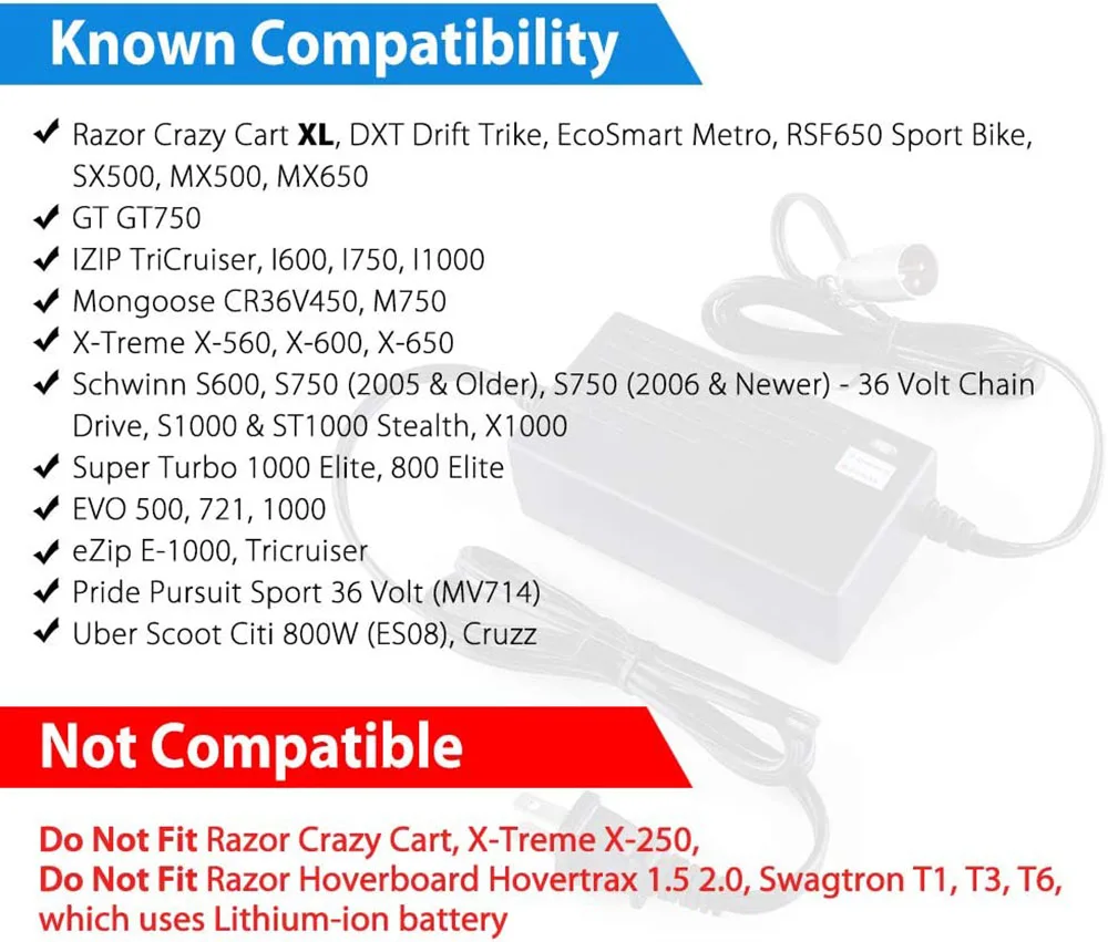 레이저 MX500, MX650, GT GT750, IZIP I600, I1000, 몽구스 M750, X-Treme X-600, 슈윈 S600 ST1000용 36V 2A 배터리 충전기
