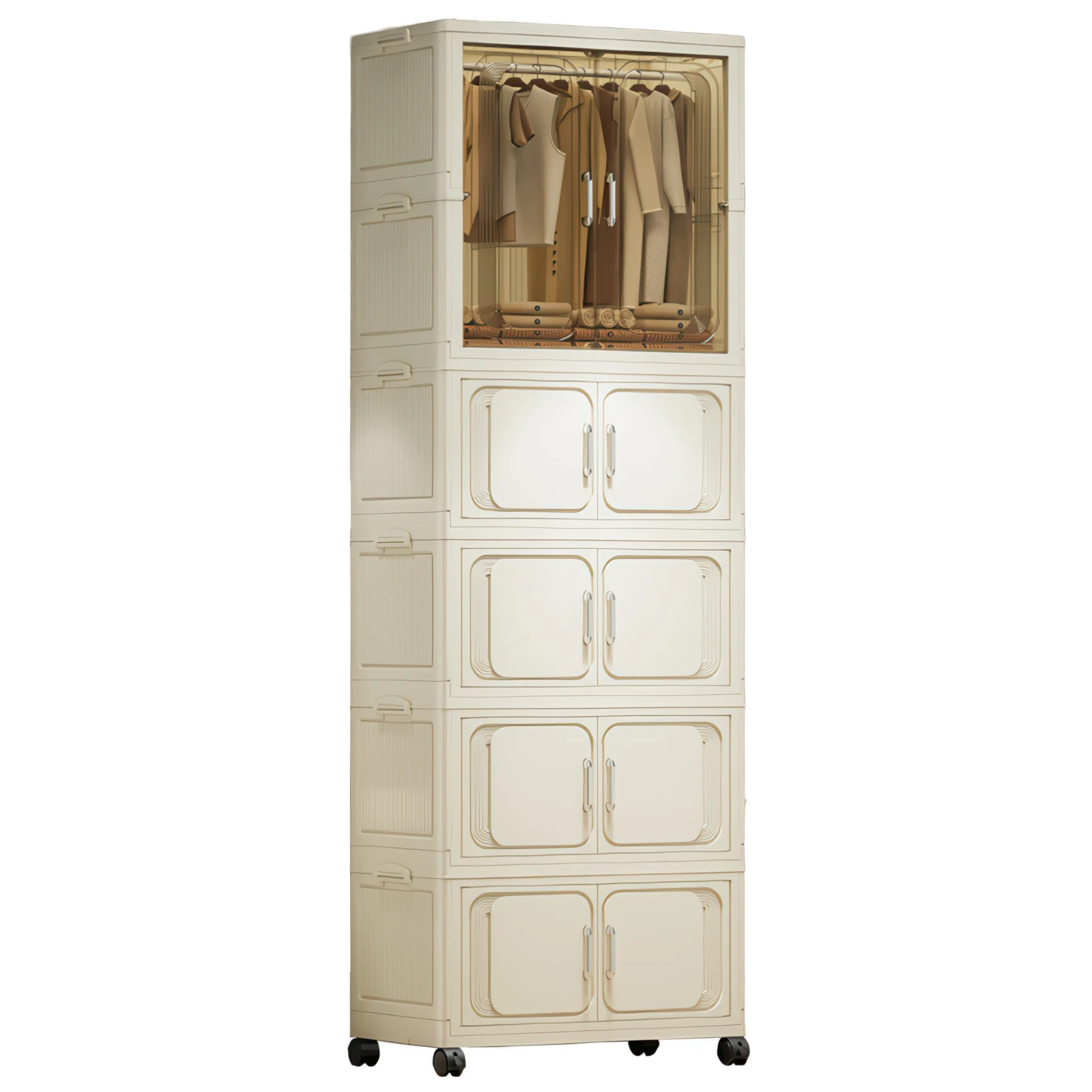 Zusammenklappbarer Kleiderschrank Großer Tragbarer Schrank Faltbarer Plastik-Kleiderschrank mit Kleiderstange und Magnetischen Türen auf Rollen – Detail 4