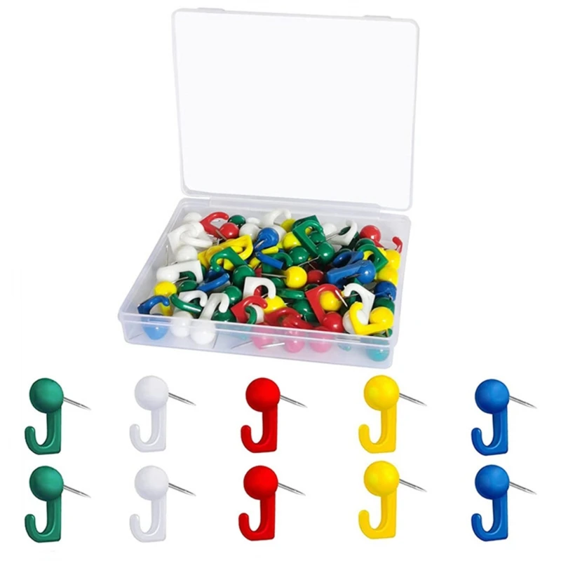 

B36C Pack of 50 pcs Decorative Thumb Tacks Hook-shaped Push Pins 2-in-1 Metal Push Pin Thumb Tack for DIY Work Box Sealed