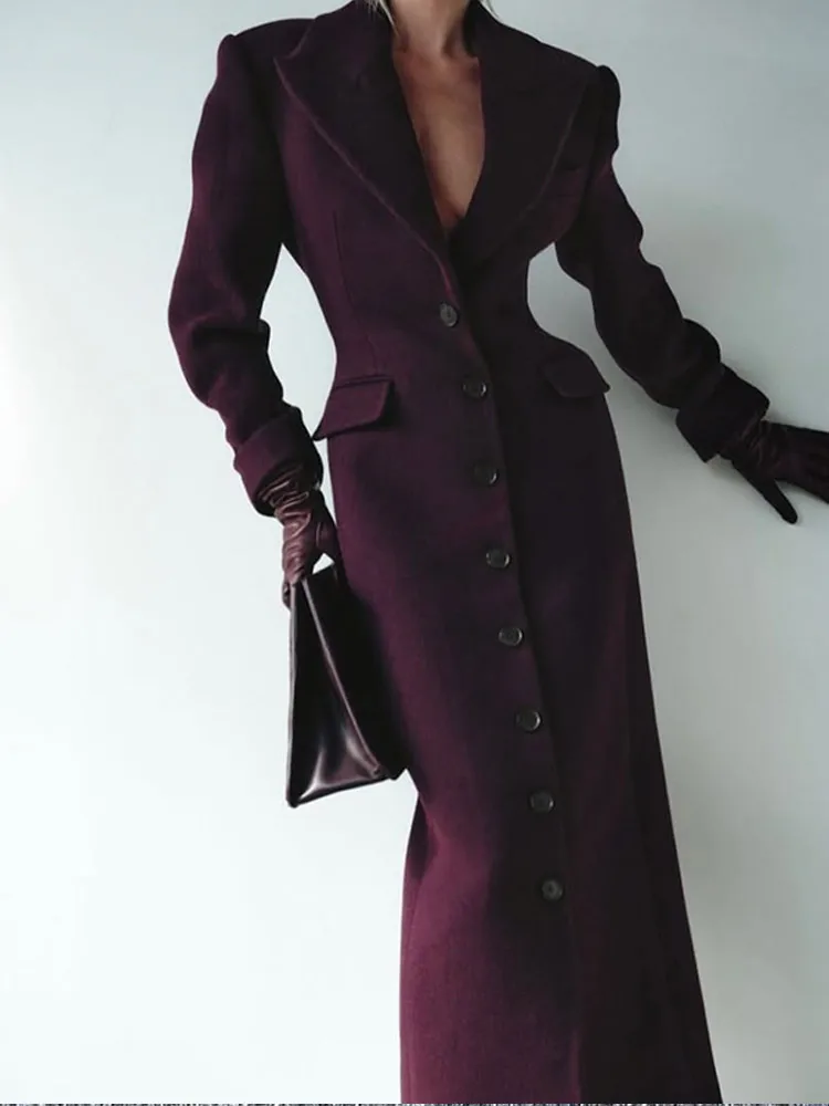 Elegant Wine Red Waist Up Wool Blend Long Jacket Women Chic Lapel Collar Single Breast Overcoat 2025 Autumn Lady High Streetwear 6