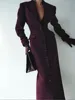Elegant Wine Red Waist Up Wool Blend Long Jacket Women Chic Lapel Collar Single Breast Overcoat 2025 Autumn Lady High Streetwear 6