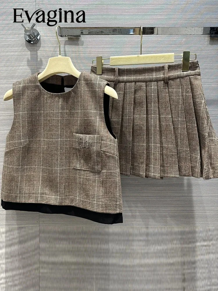 

Evagina Designer Runway Summer Casual Vintage Streaks Half Skirt Suit Women's Sleeveless Loose Coat + A-Line Pleated Skirt