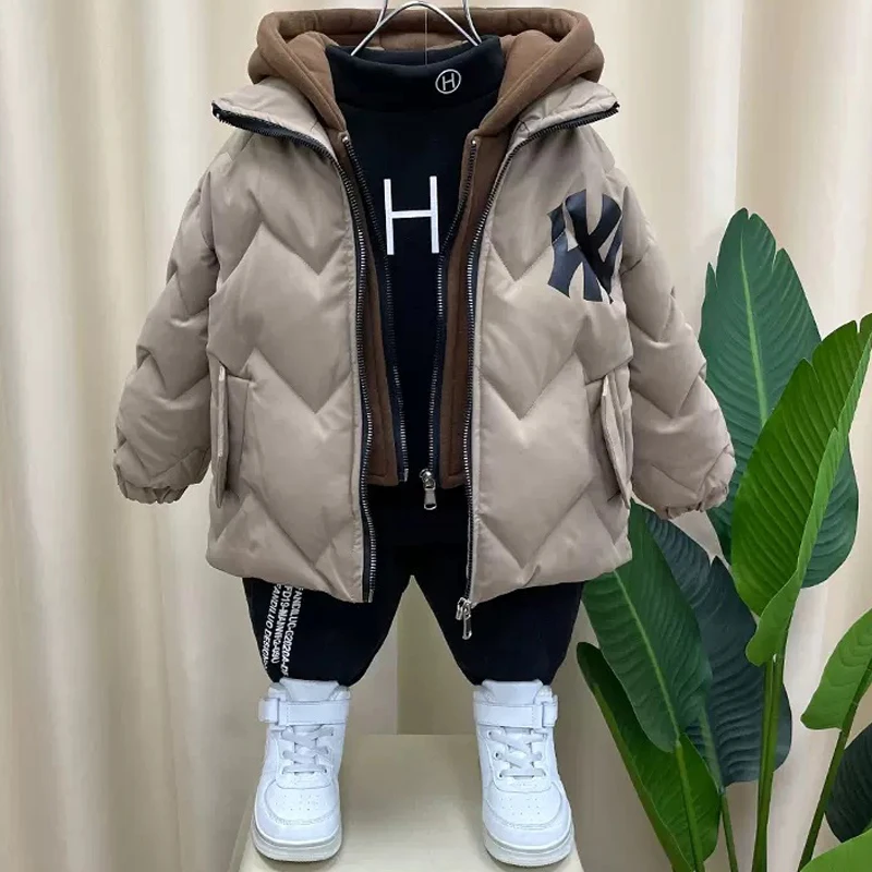 

2023 Winter Boys Fake Two Pieces Jacket Lining Plus Velvet Thicken Keep Warm Hooded Windbreaker For 4-14Y Down Cotton Overcoat