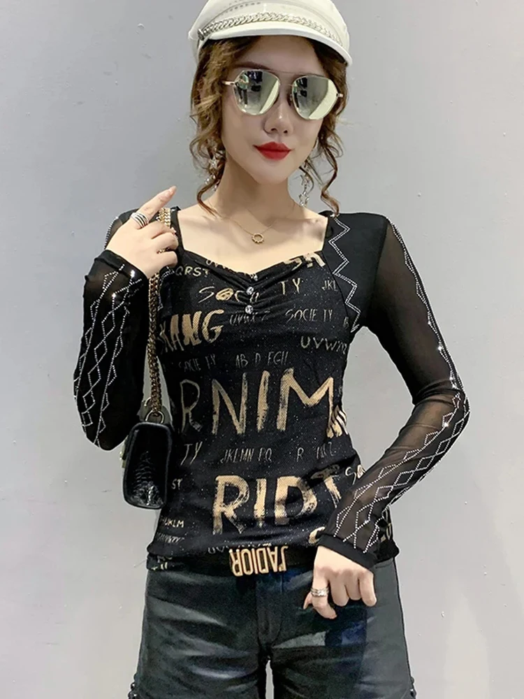 

Winsleter Elegant Basic Tshirt Long Sleeve Elastic Tees Autumn Women Square Collar Letter Print Slim Bead Mesh TopsT39106JC