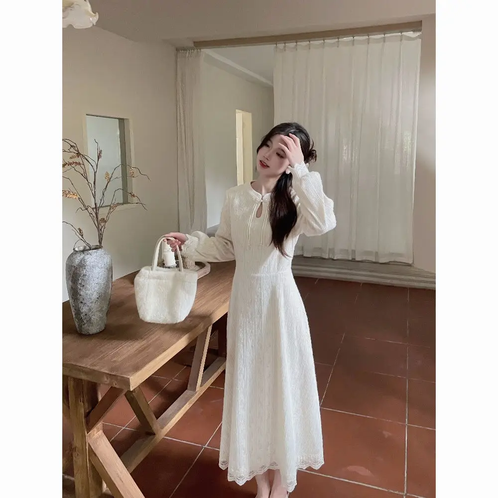 

2024 Chinese style modified qipao lace dress women autumn and winter temperament women vintage improved daily qipao dress